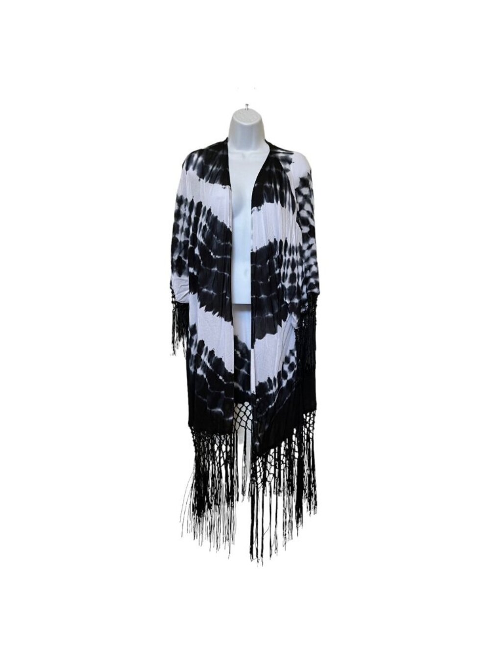 Torrid Womens Black White Tie Dye Fringe Kimono Size 1/2